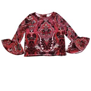 Chico's Red Velvet Top Tie Back Long Bell Sleeve Paisley Size 1 (US Sz 8)